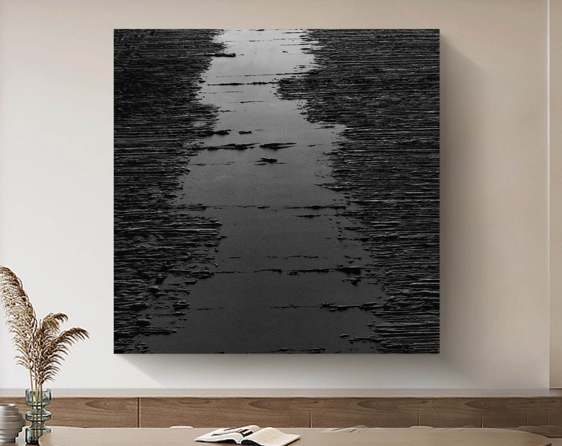 Wabi-sabi Art Black Minimalist Plaster Art Black Abstract Texture Painting Black Wall Decor Plaster Texture Wall Art Minimalist Art Black 3D Oil  Plaster Wall Art On Canvas