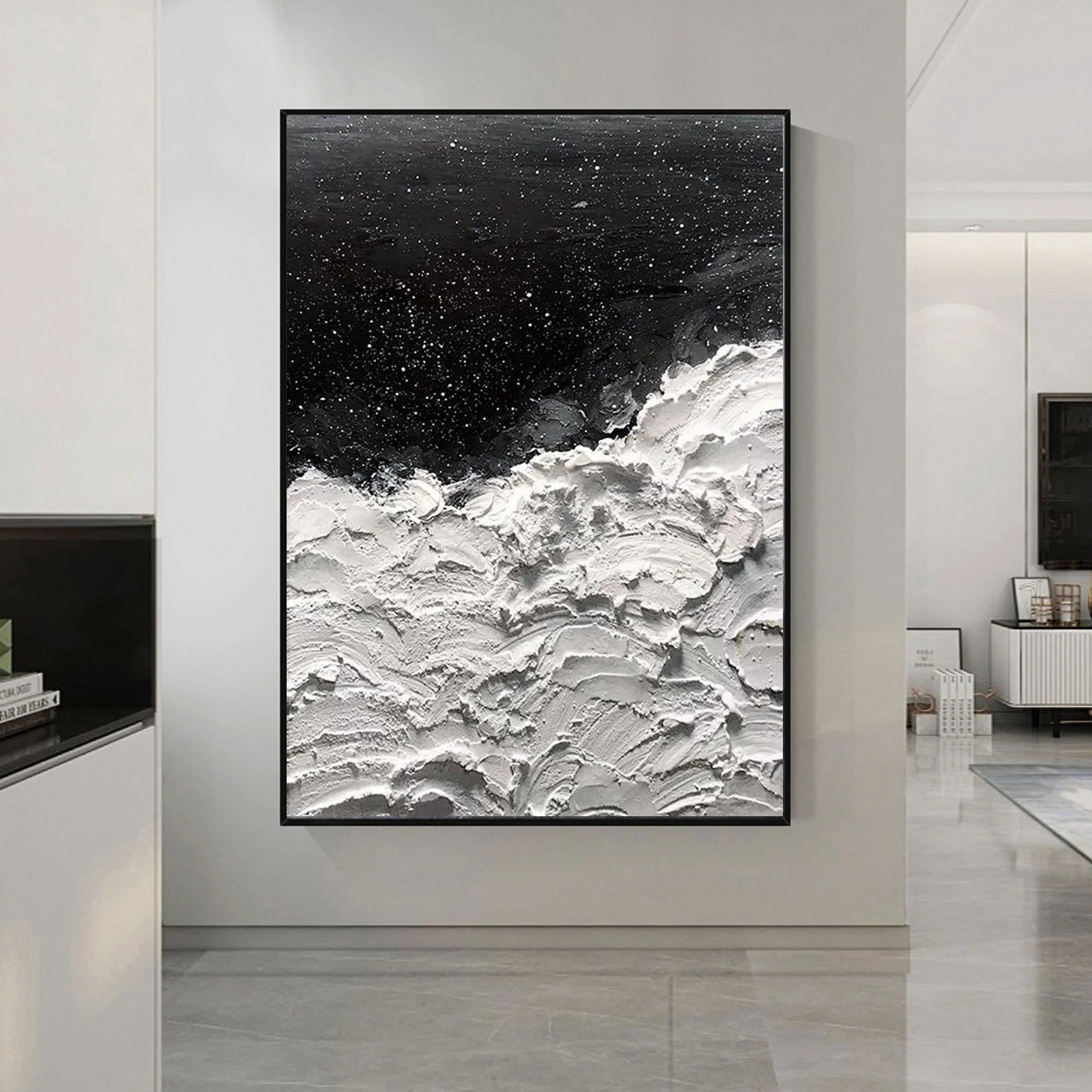 Wabi-sabi Art White Minimalist Plaster Art Black Abstract Texture Painting White Wall Decor Plaster Texture Wall Art Minimalist Art Black 3D Oil  Plaster Wall Art On Canvas