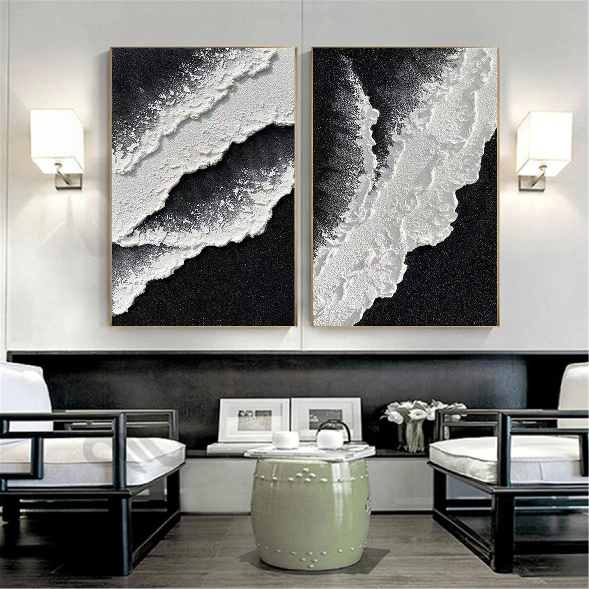 Wabi-sabi Art Black Minimalist Plaster Art White Texture Painting Abstract Wall Decor Plaster Texture Wall Art Minimalist Art  3D Oil Canvas Wall Art 