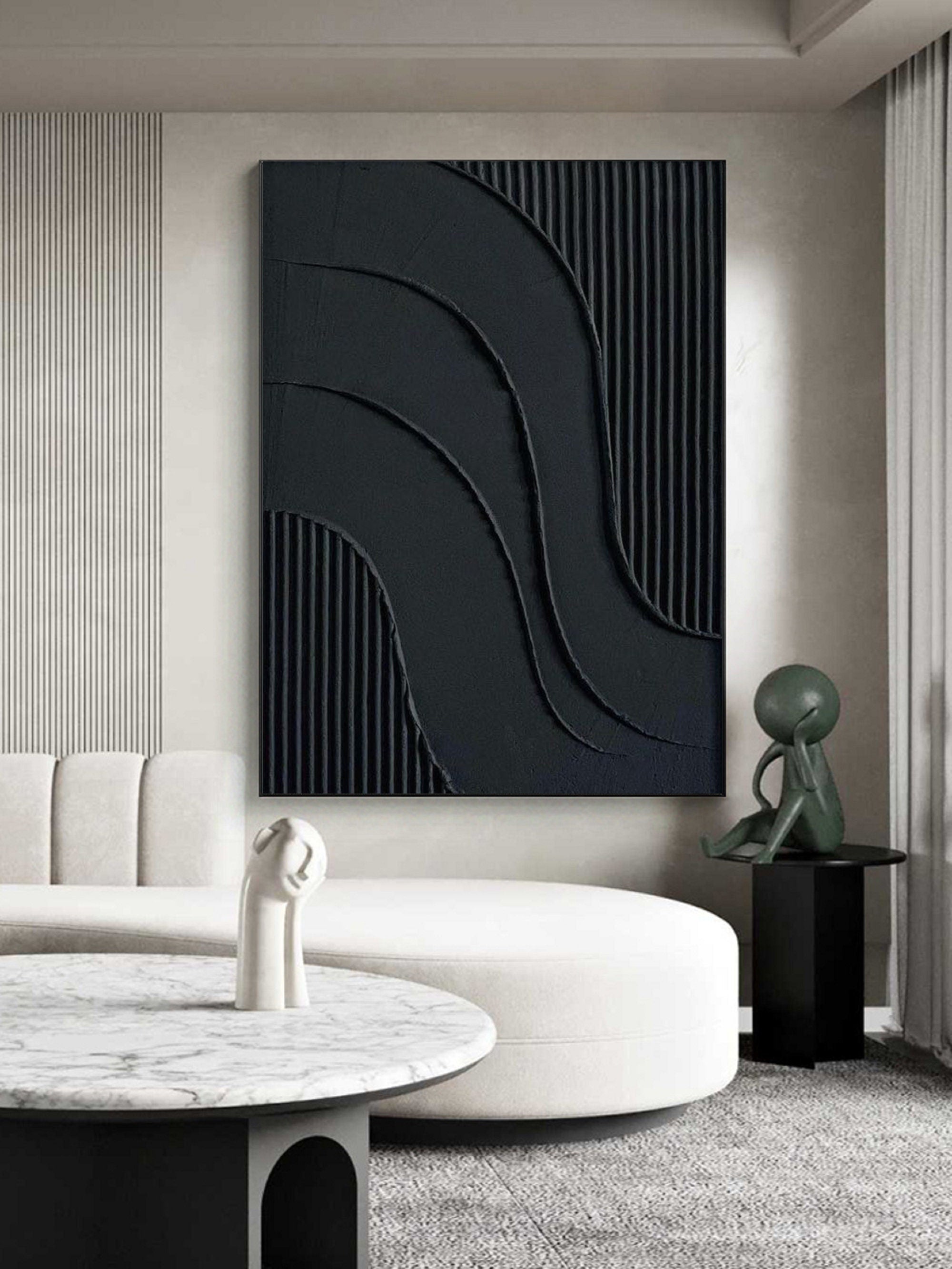 Wabi-sabi Art Black Minimalist Plaster Art Black Abstract Texture Painting Black Wall Decor Plaster Texture Wall Art Minimalist Art Black 3D Oil  Plaster Wall Art On Canvas