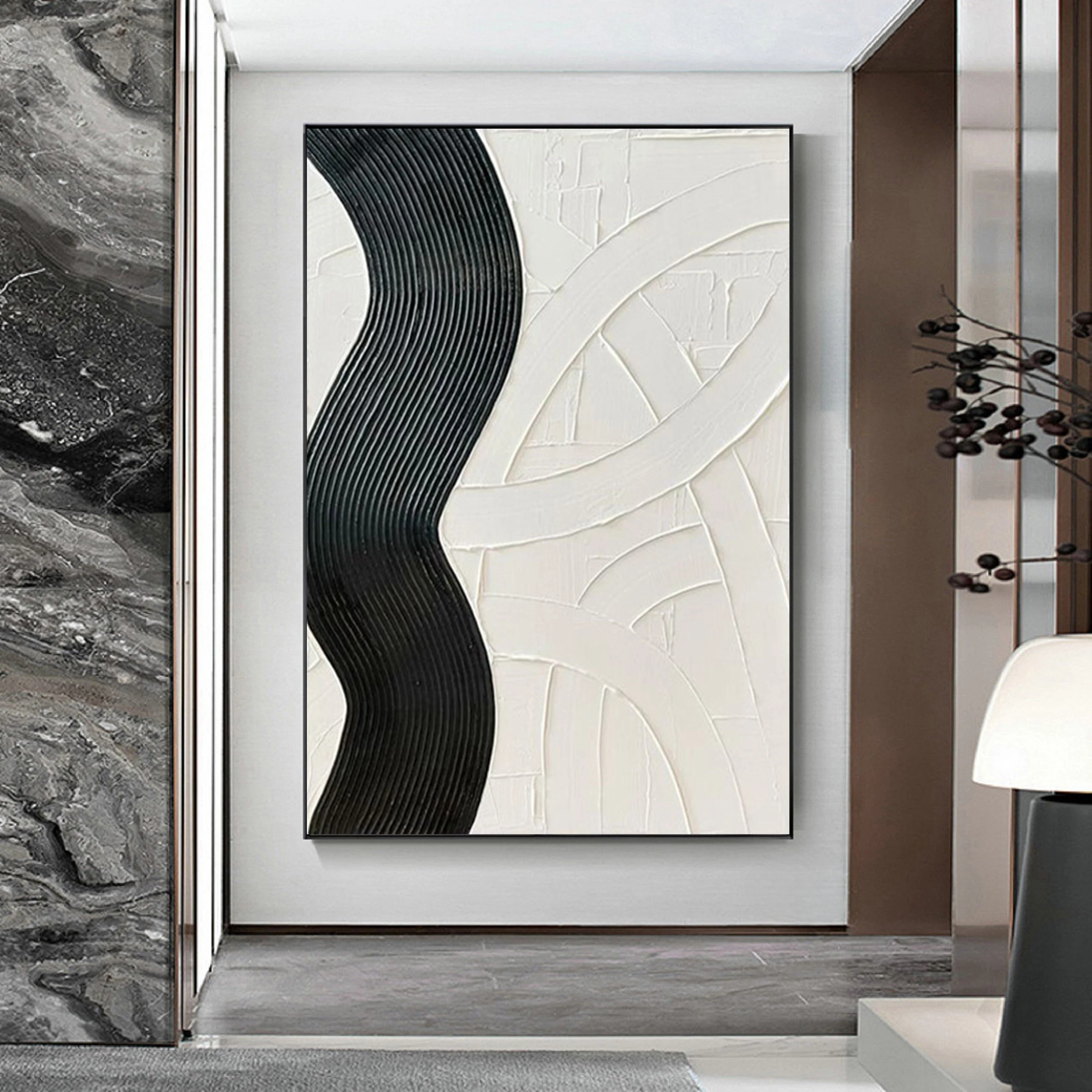 Wabi-sabi Art White Minimalist Plaster Art Black Abstract Texture Painting White Wall Decor Plaster Texture Wall Art Minimalist Art Black 3D Oil  Plaster Wall Art On Canvas