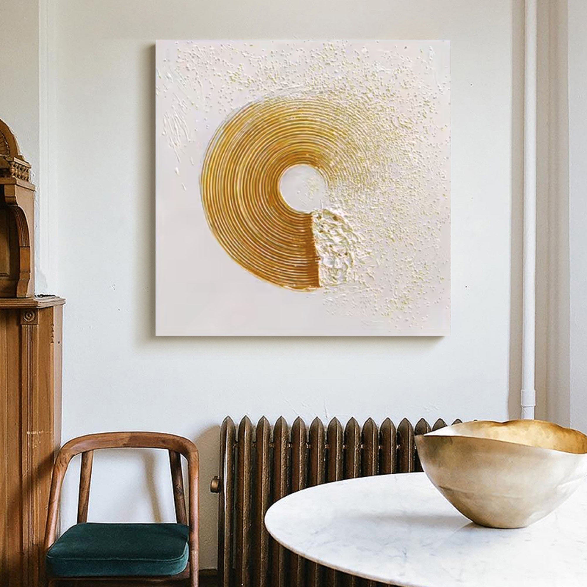 Wabi-sabi Art White Minimalist Plaster Art Gold Abstract Texture Painting White Wall Decor Plaster Texture Wall Art Minimalist Art Gold 3D Oil  Plaster Wall Art On Canvas