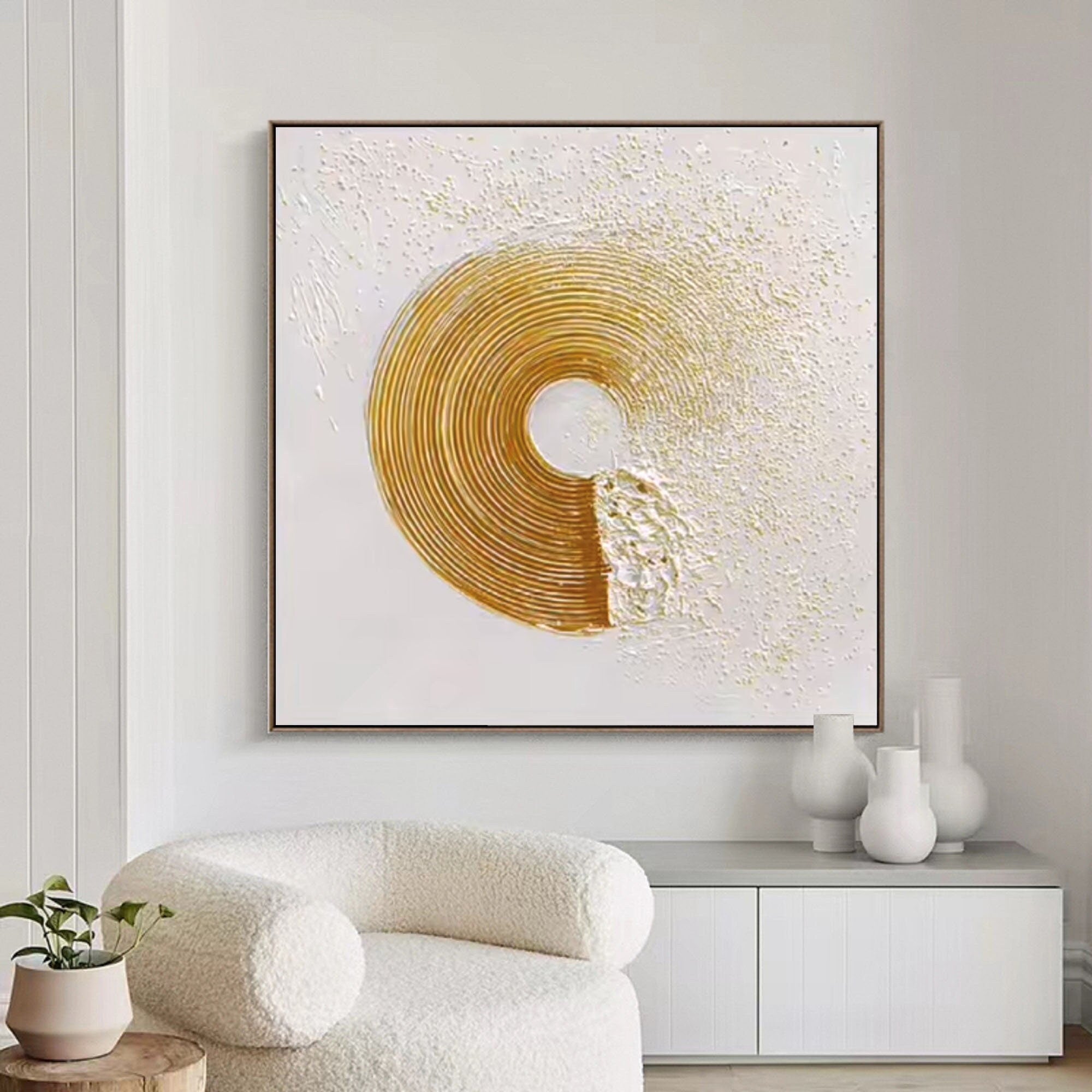 Wabi-sabi Art White Minimalist Plaster Art Gold Abstract Texture Painting White Wall Decor Plaster Texture Wall Art Minimalist Art Gold 3D Oil  Plaster Wall Art On Canvas