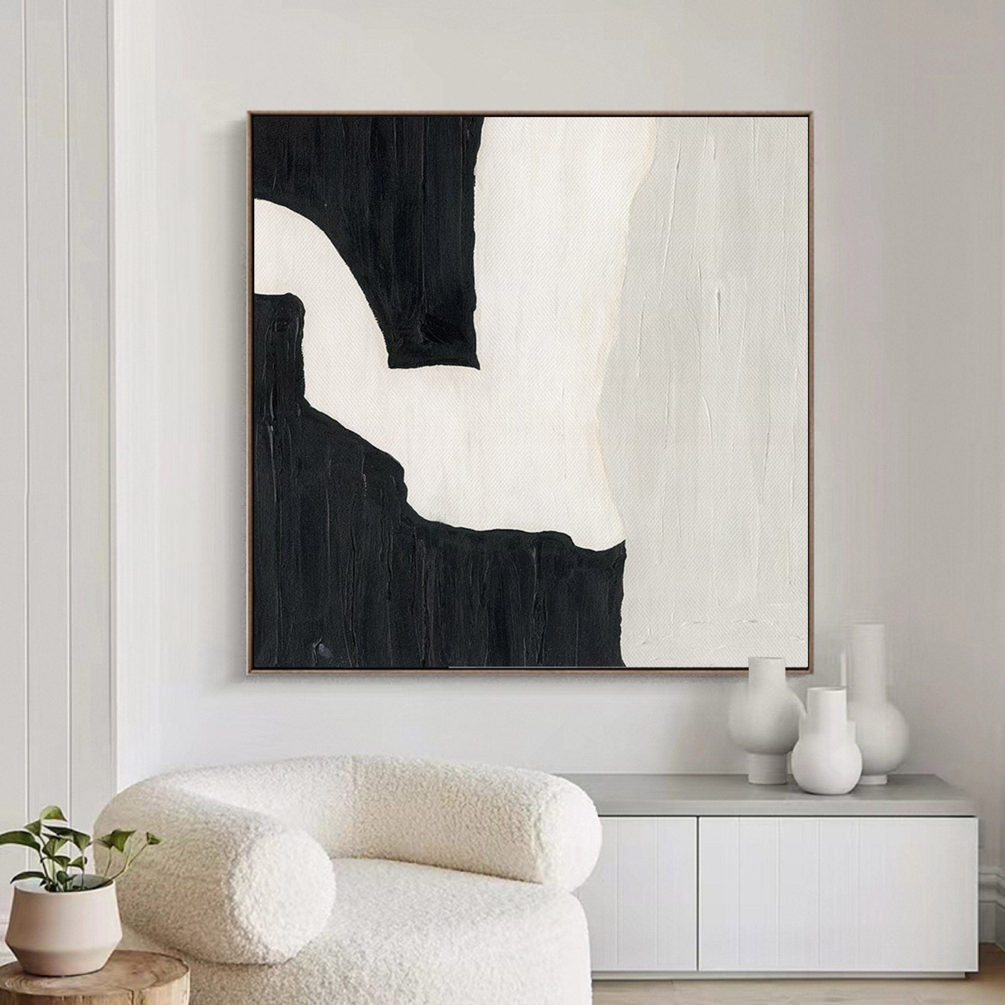 Wabi-sabi Art White Minimalist Plaster Art Black Abstract Texture Painting White Wall Decor Plaster Texture Wall Art Minimalist Art Black 3D Oil  Plaster Wall Art On Canvas