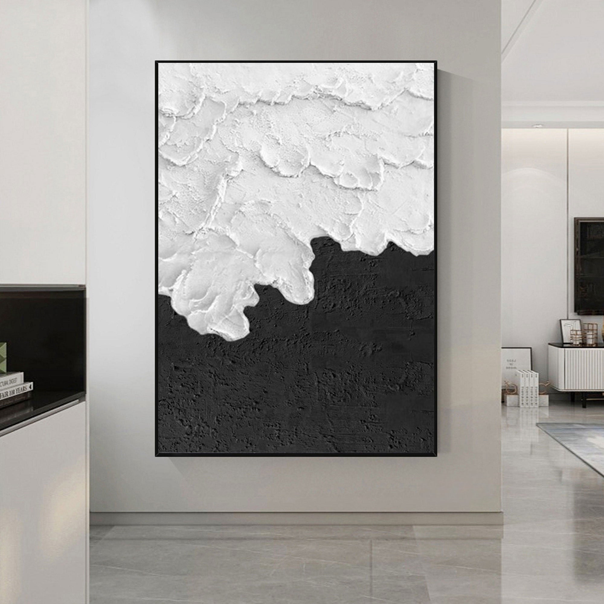 Wabi-sabi Art White Minimalist Plaster Art Black Abstract Texture Painting White Wall Decor Plaster Texture Wall Art Minimalist Art Black 3D Oil  Plaster Wall Art On Canvas