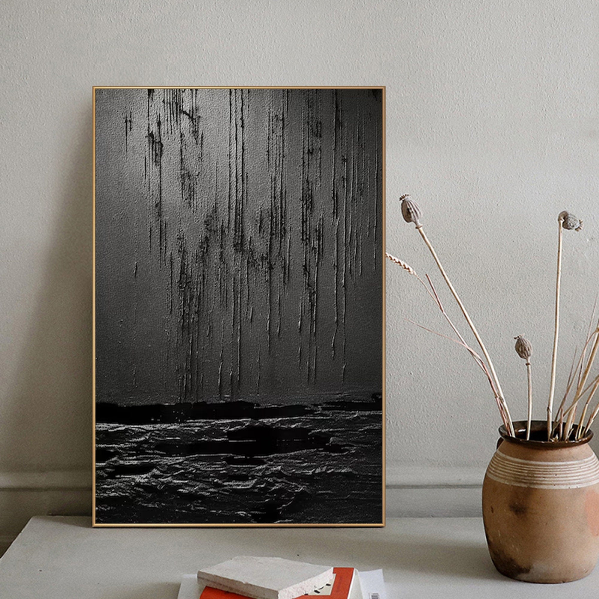 Wabi-sabi Art Black Minimalist Plaster Art Black Abstract Texture Painting Black Wall Decor Plaster Texture Wall Art Minimalist Art Black 3D Oil  Plaster Wall Art On Canvas