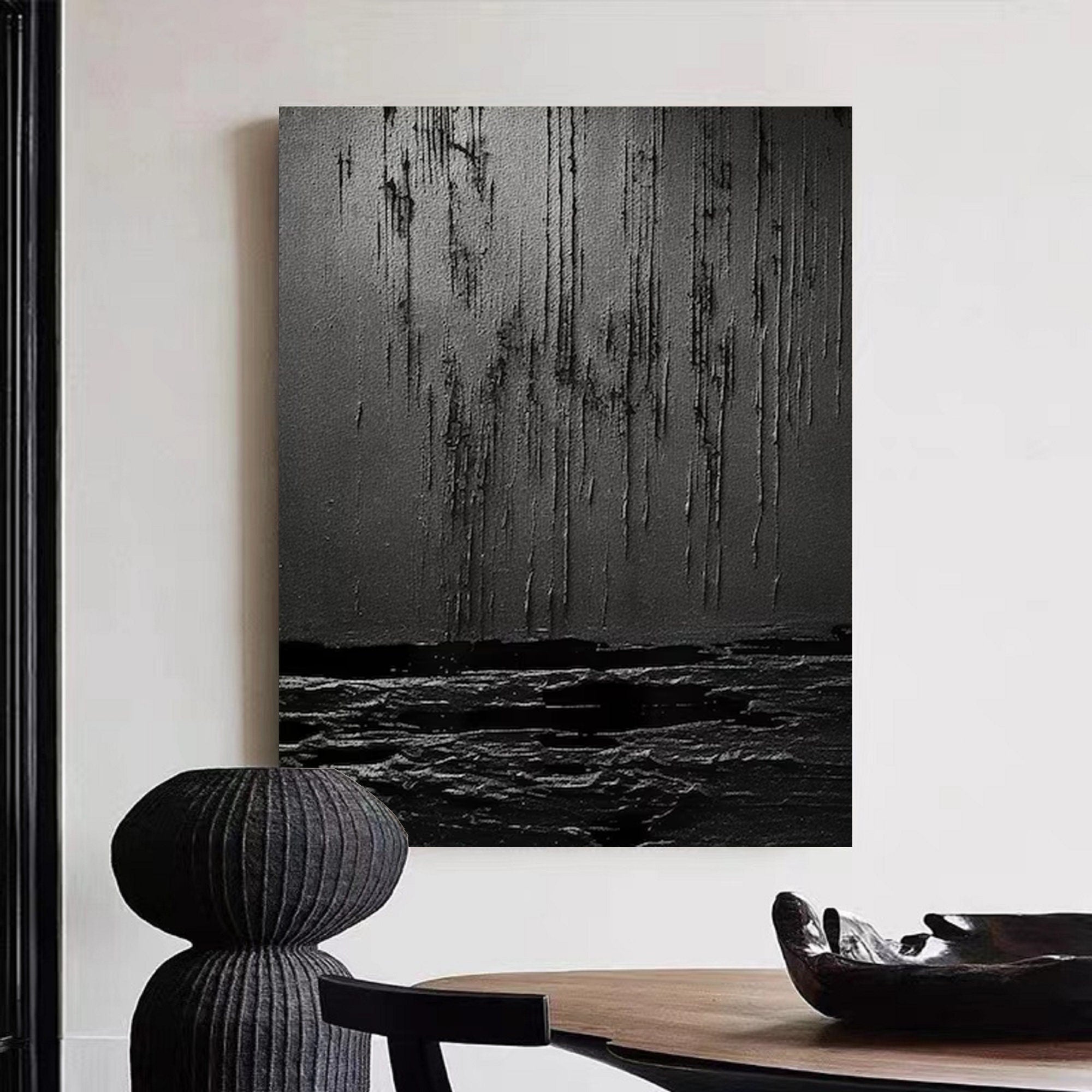 Wabi-sabi Art Black Minimalist Plaster Art Black Abstract Texture Painting Black Wall Decor Plaster Texture Wall Art Minimalist Art Black 3D Oil  Plaster Wall Art On Canvas