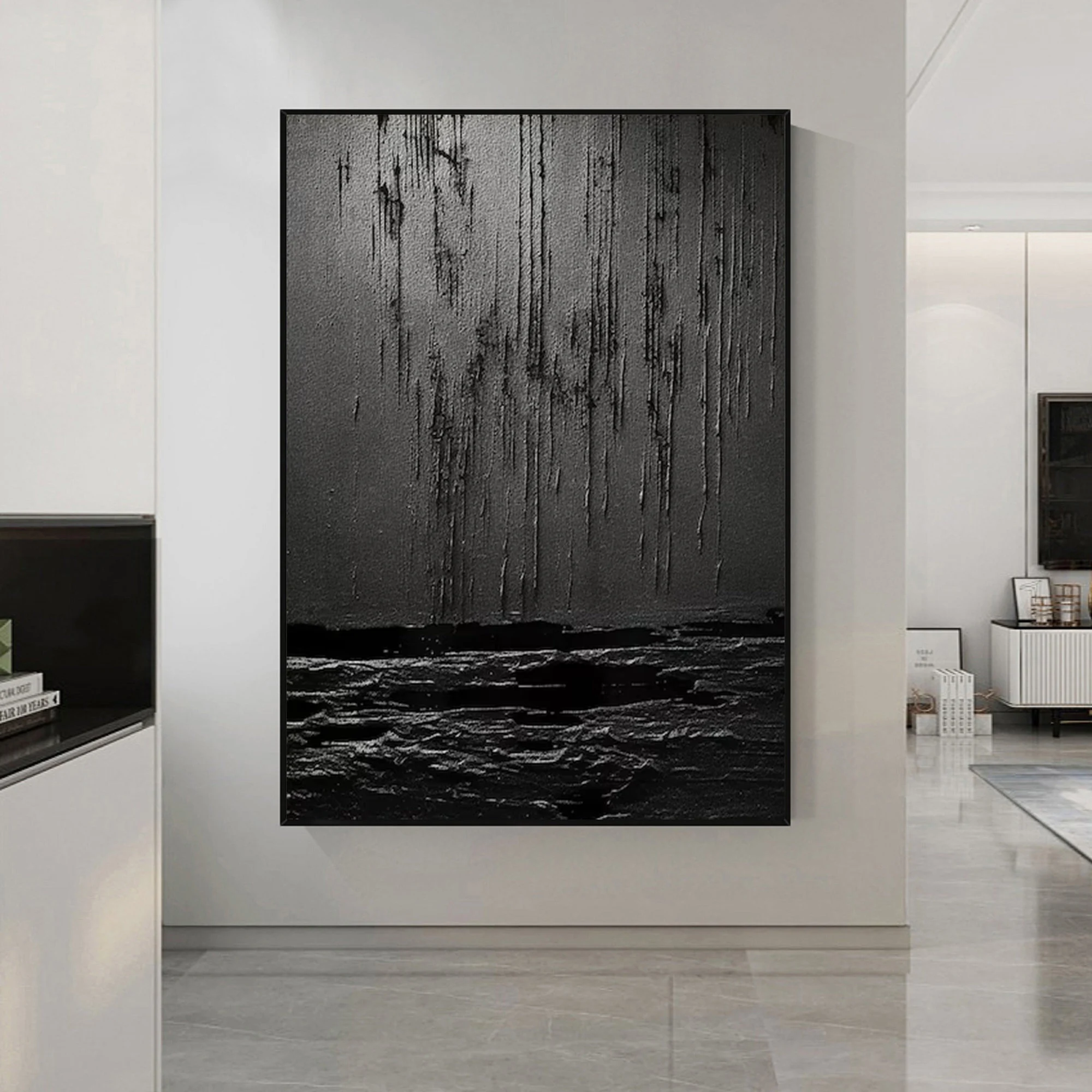 Wabi-sabi Art Black Minimalist Plaster Art Black Abstract Texture Painting Black Wall Decor Plaster Texture Wall Art Minimalist Art Black 3D Oil  Plaster Wall Art On Canvas