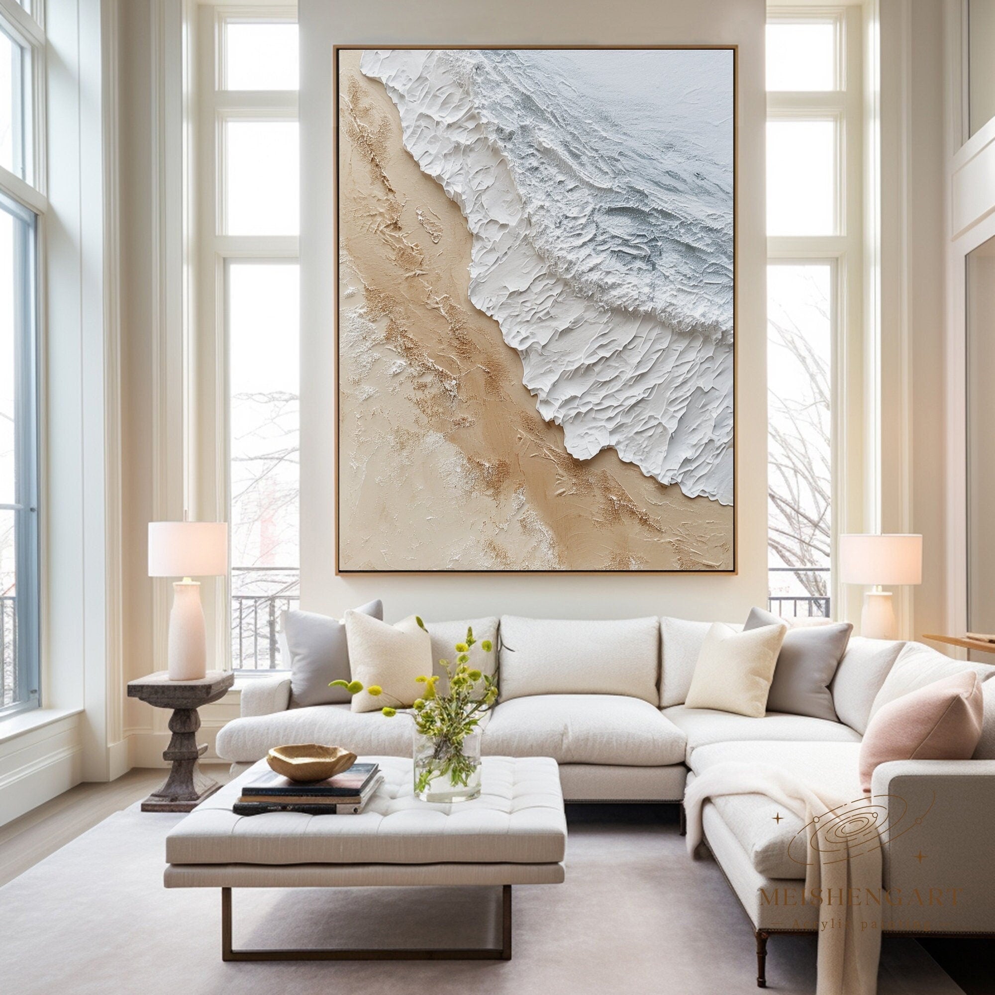 Extra Large Wall Art Abstract Beige Abstract Art beige Painting large Brown Painting Blue Wall Art minimalist Painting,modern Textured Sea & Beach Painting 3D Oil Plaster Wall Art On Canvas