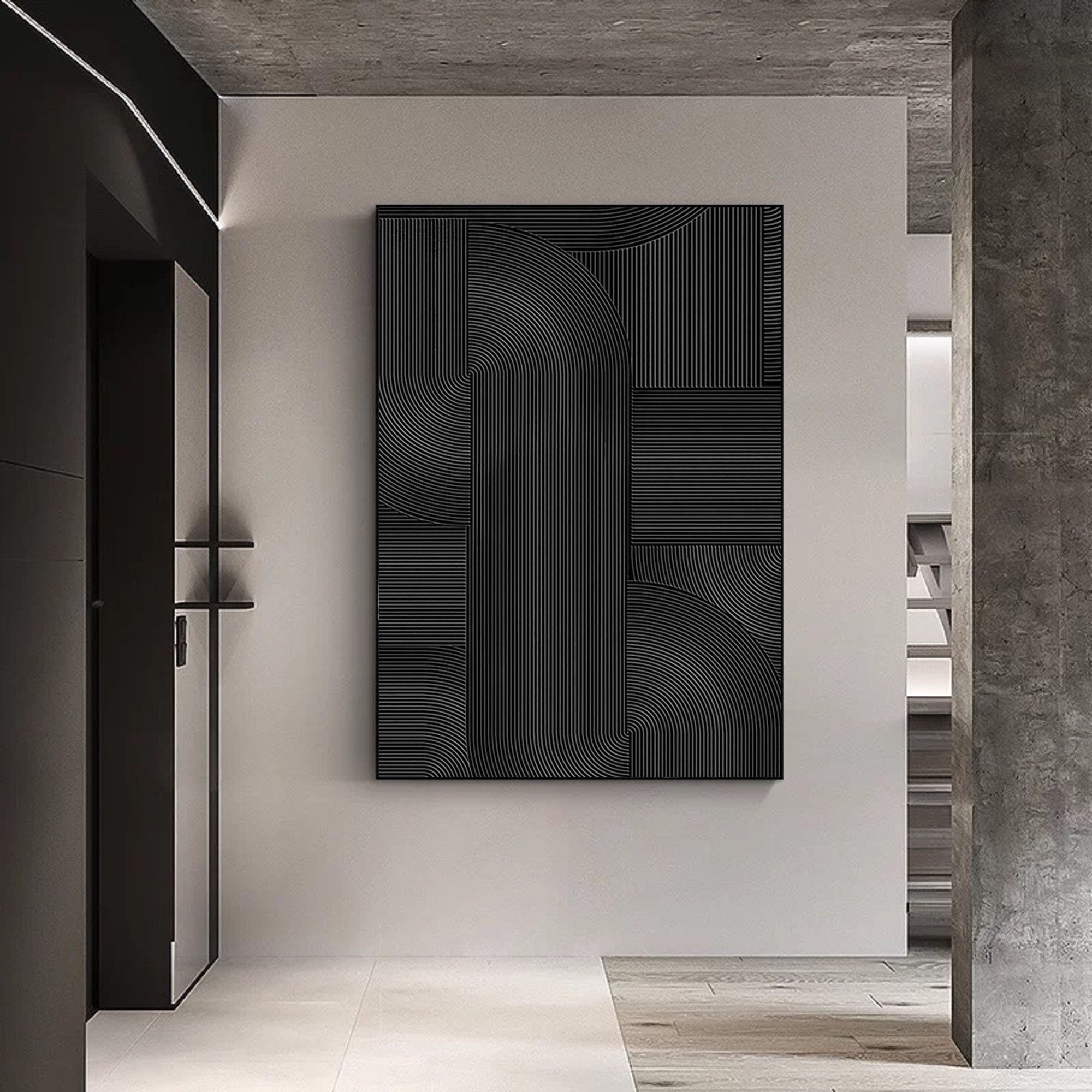 Wabi-sabi Art Black Minimalist Plaster Art Black Abstract Texture Painting Black Wall Decor Plaster Texture Wall Art Abstract Art Black 3D Oil  Plaster Wall Art On Canvas