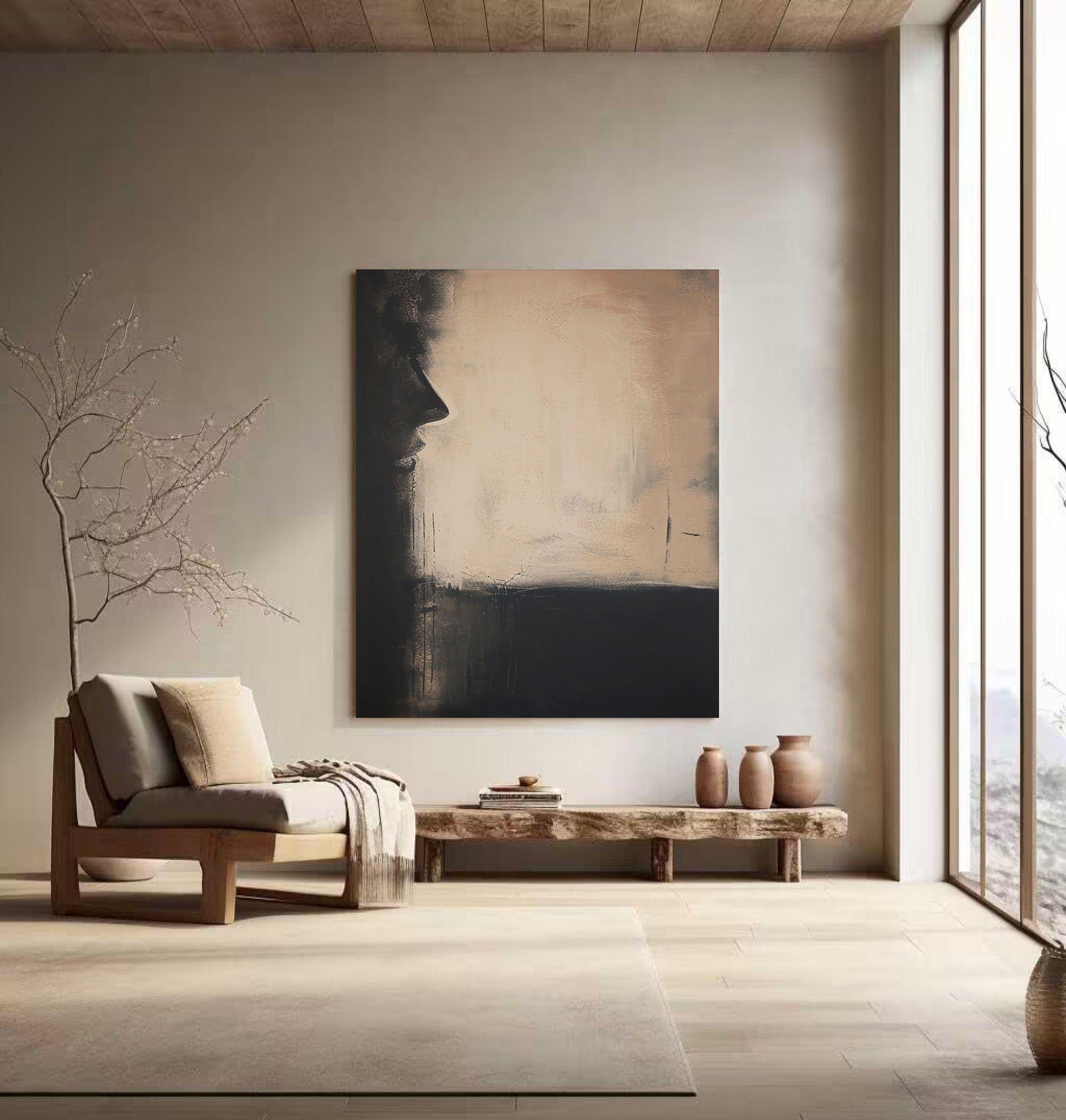 Wabi-sabi Art Brown Minimalist Plaster Art Black Abstract Texture Painting Beige Wall Decor Plaster Texture Wall Art Minimalist Art Brown 3D Oil  Plaster Wall Art On Canvas