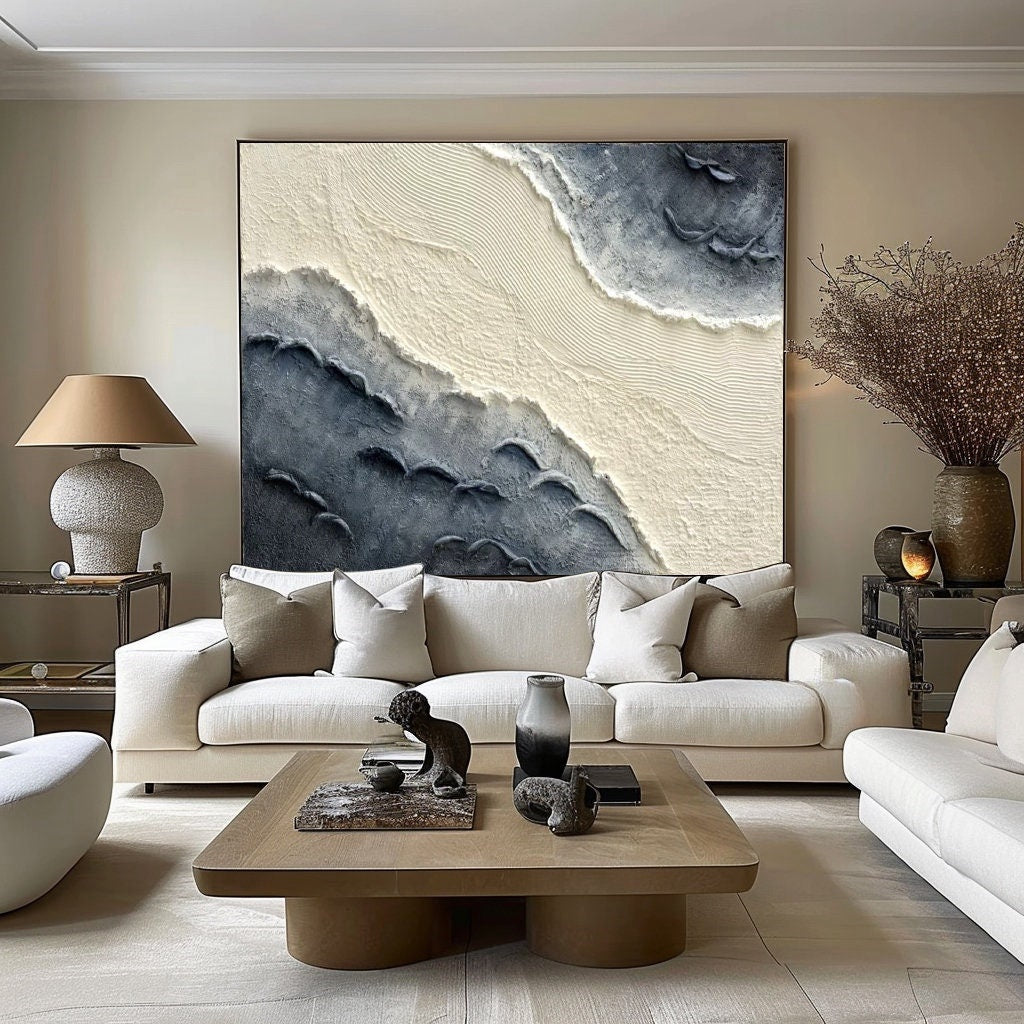 Extra Large Wall Decor Abstract Blue Abstract Art White Painting large Blue Painting White Wall Art minimalist Painting Modern Textured Sea & Beach Painting 3D Oil Plaster Wall Art On Canvas