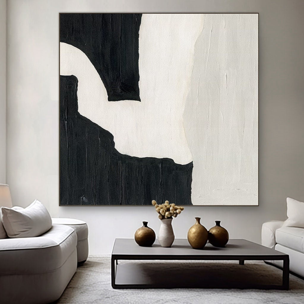 Wabi-sabi Art White Minimalist Plaster Art Black Abstract Texture Painting White Wall Decor Plaster Texture Wall Art Minimalist Art Black 3D Oil  Plaster Wall Art On Canvas