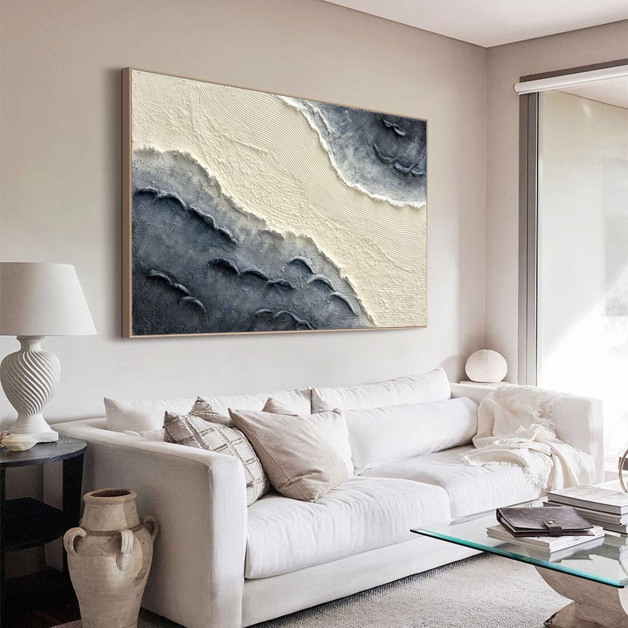 Extra Large Wall Decor Abstract Blue Abstract Art White Painting large Blue Painting White Wall Art minimalist Painting Modern Textured Sea & Beach Painting 3D Oil Plaster Wall Art On Canvas