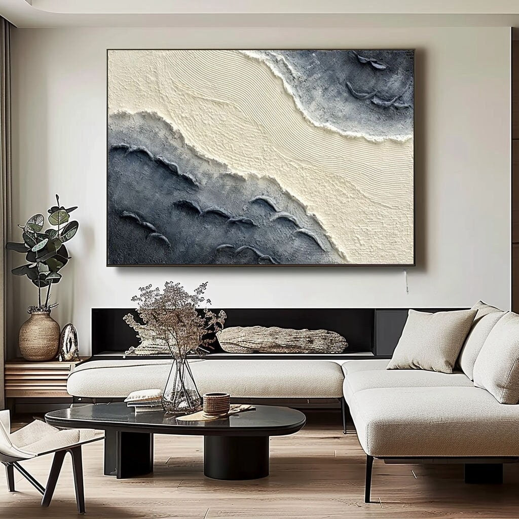 Extra Large Wall Decor Abstract Blue Abstract Art White Painting large Blue Painting White Wall Art minimalist Painting Modern Textured Sea & Beach Painting 3D Oil Plaster Wall Art On Canvas