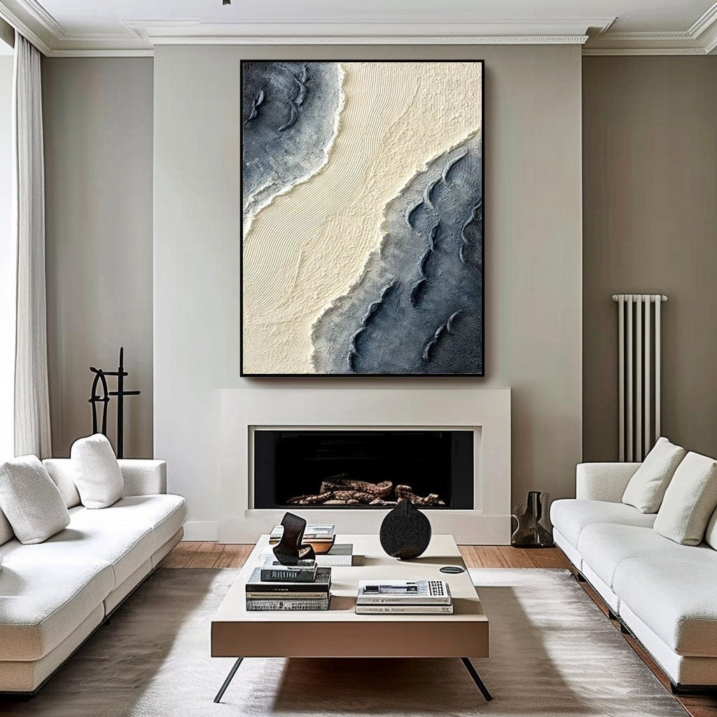 Extra Large Wall Art Abstract Blue Abstract Art beige Painting large Blue Painting Blue Wall Art minimalist Painting modern Textured Sea & Beach Painting 3D Oil Plaster Wall Art On Canvas