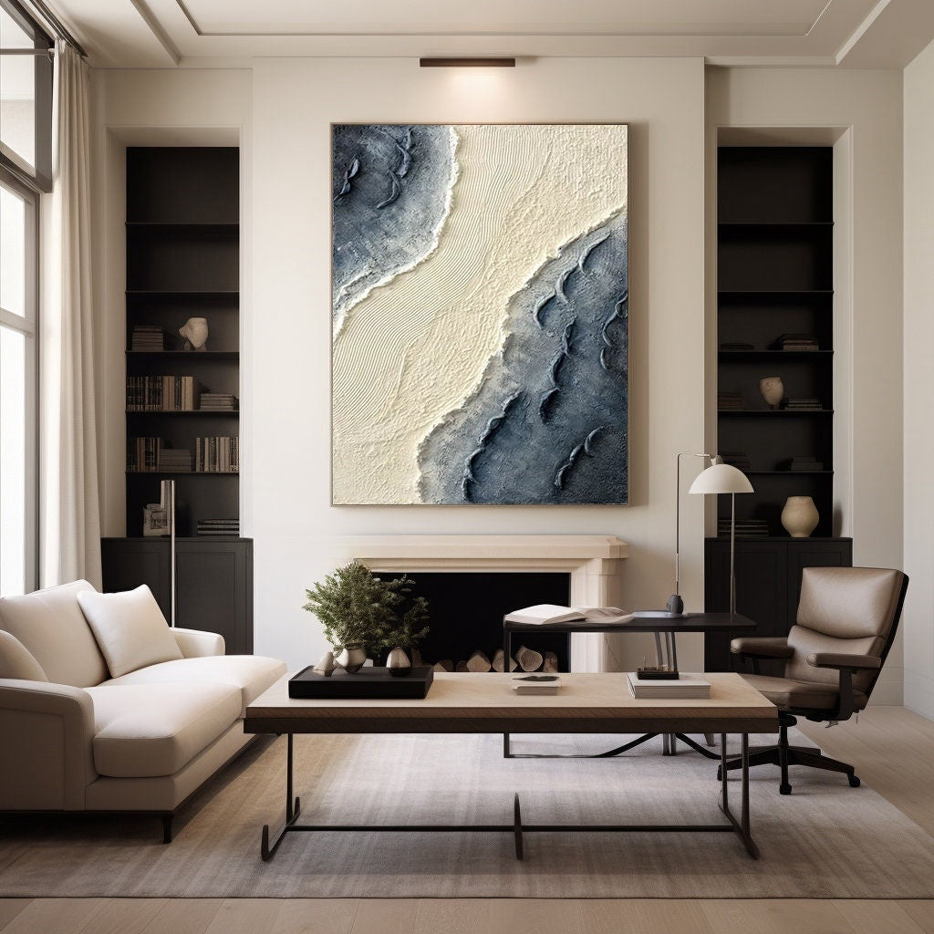 Extra Large Wall Art Abstract Blue Abstract Art beige Painting large Blue Painting Blue Wall Art minimalist Painting modern Textured Sea & Beach Painting 3D Oil Plaster Wall Art On Canvas