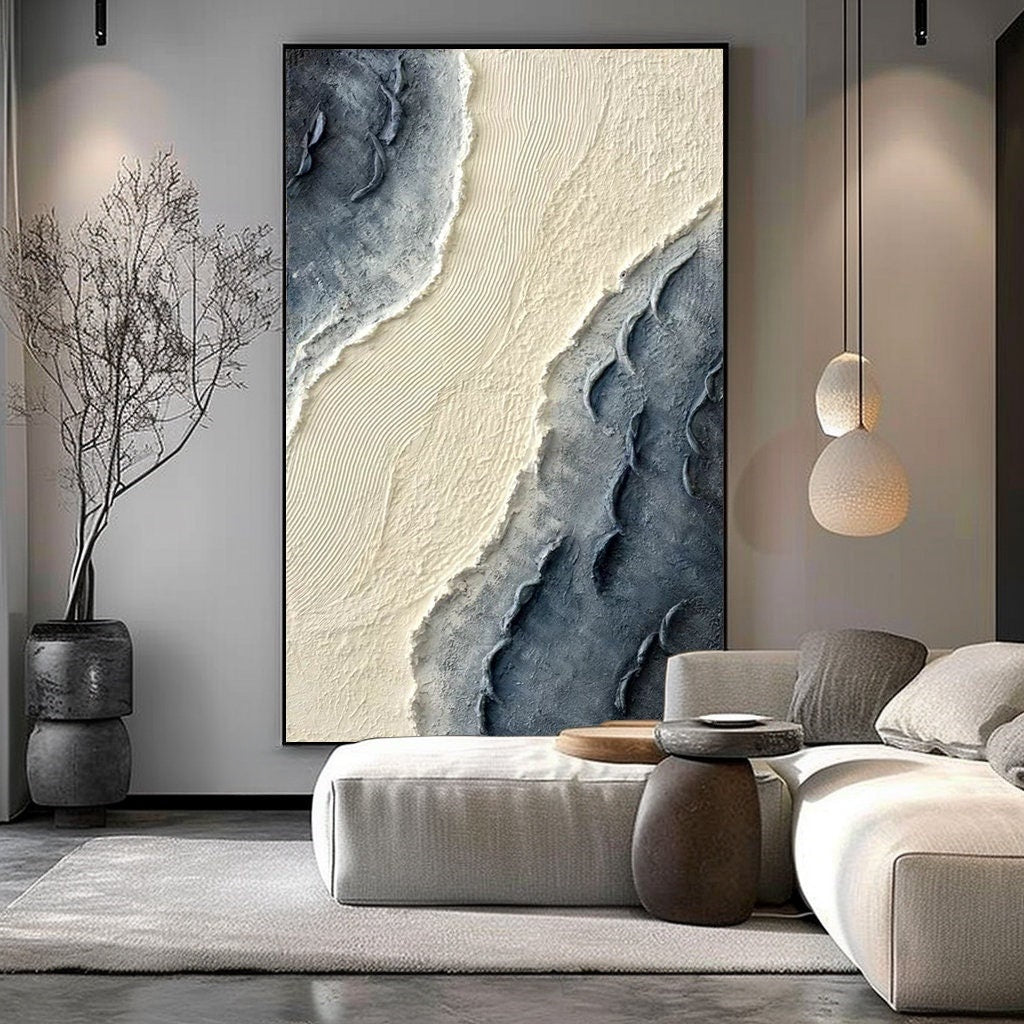 Extra Large Wall Art Abstract Blue Abstract Art beige Painting large Blue Painting Blue Wall Art minimalist Painting modern Textured Sea & Beach Painting 3D Oil Plaster Wall Art On Canvas