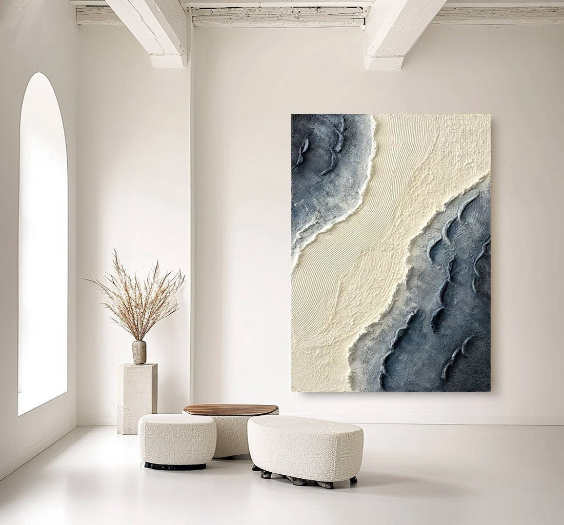 Extra Large Wall Art Abstract Blue Abstract Art beige Painting large Blue Painting Blue Wall Art minimalist Painting modern Textured Sea & Beach Painting 3D Oil Plaster Wall Art On Canvas