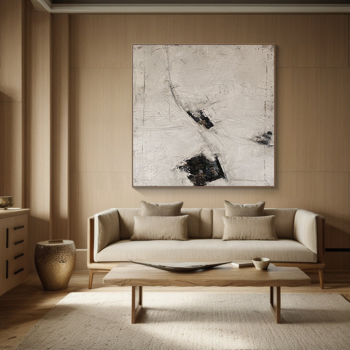 Large Original Abstract Painting Modern Minimalist 3D Oil Plaster Wall Art On Canvas White Texture Painting Mustard Black Painting Living Room Wall Art Neutral Art