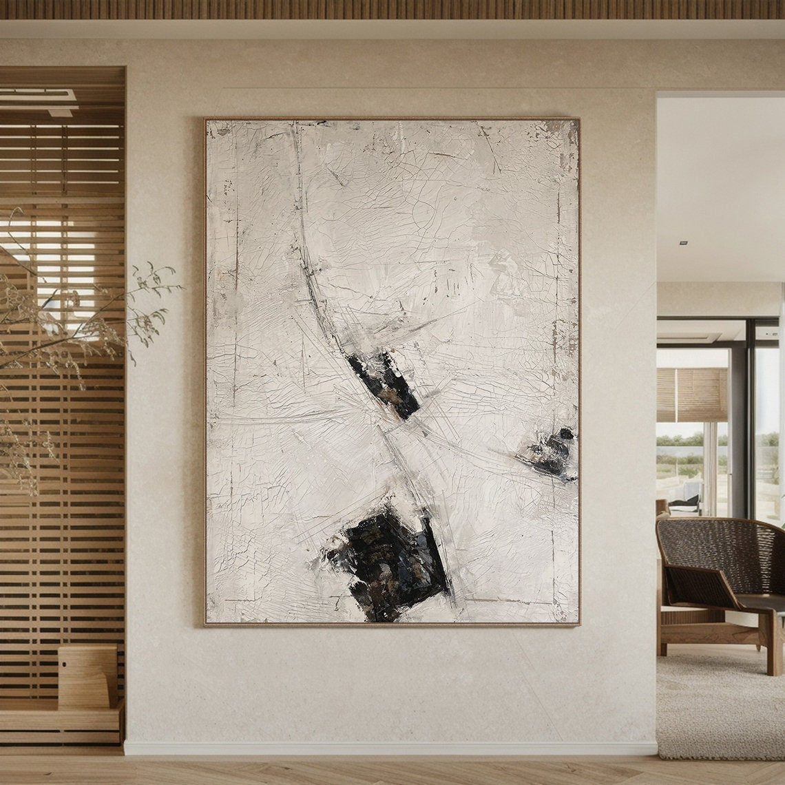 Large Original Abstract Painting Modern Minimalist 3D Oil Plaster Wall Art On Canvas White Texture Painting Mustard Black Painting Living Room Wall Art Neutral Art