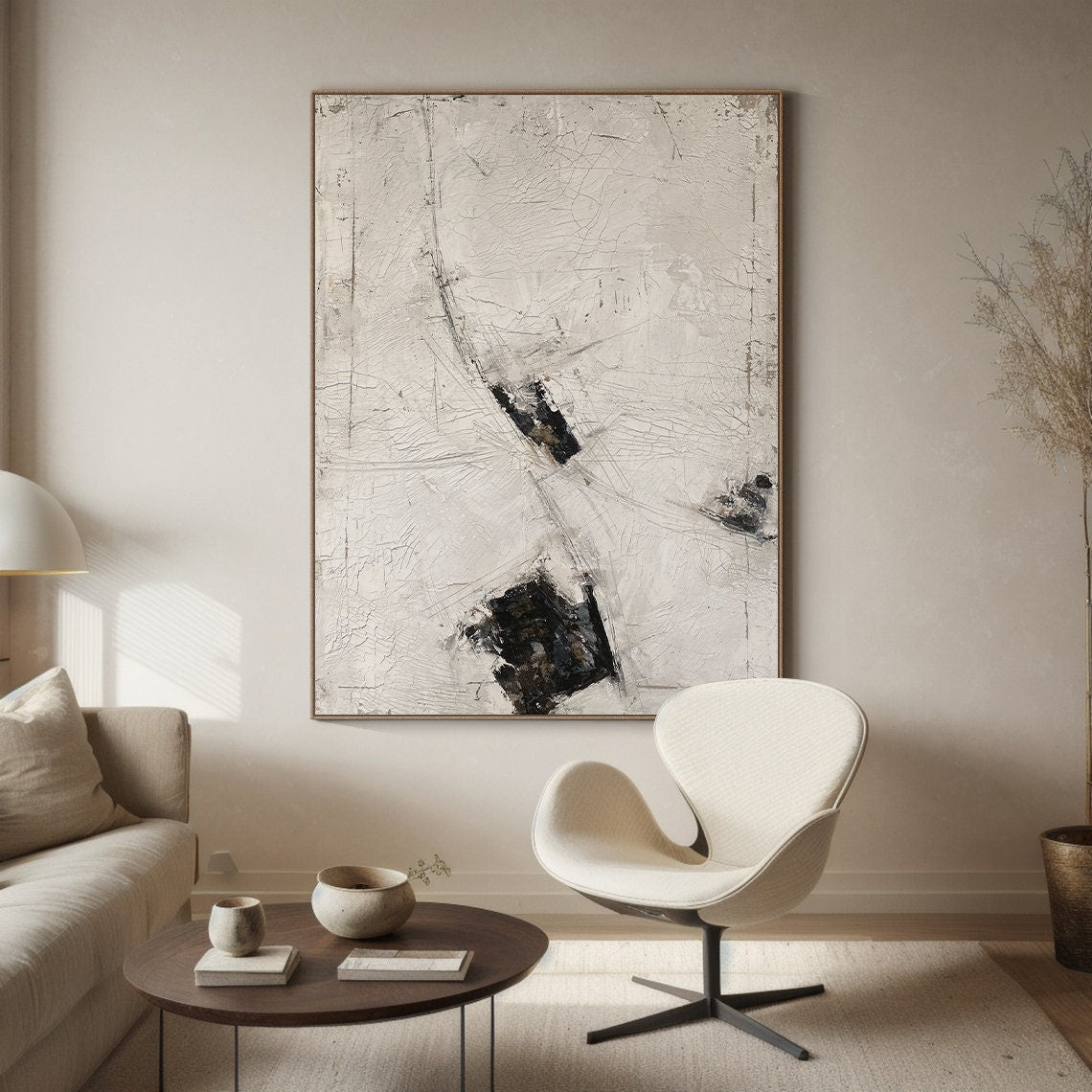 Large Original Abstract Painting Modern Minimalist 3D Oil Plaster Wall Art On Canvas White Texture Painting Mustard Black Painting Living Room Wall Art Neutral Art