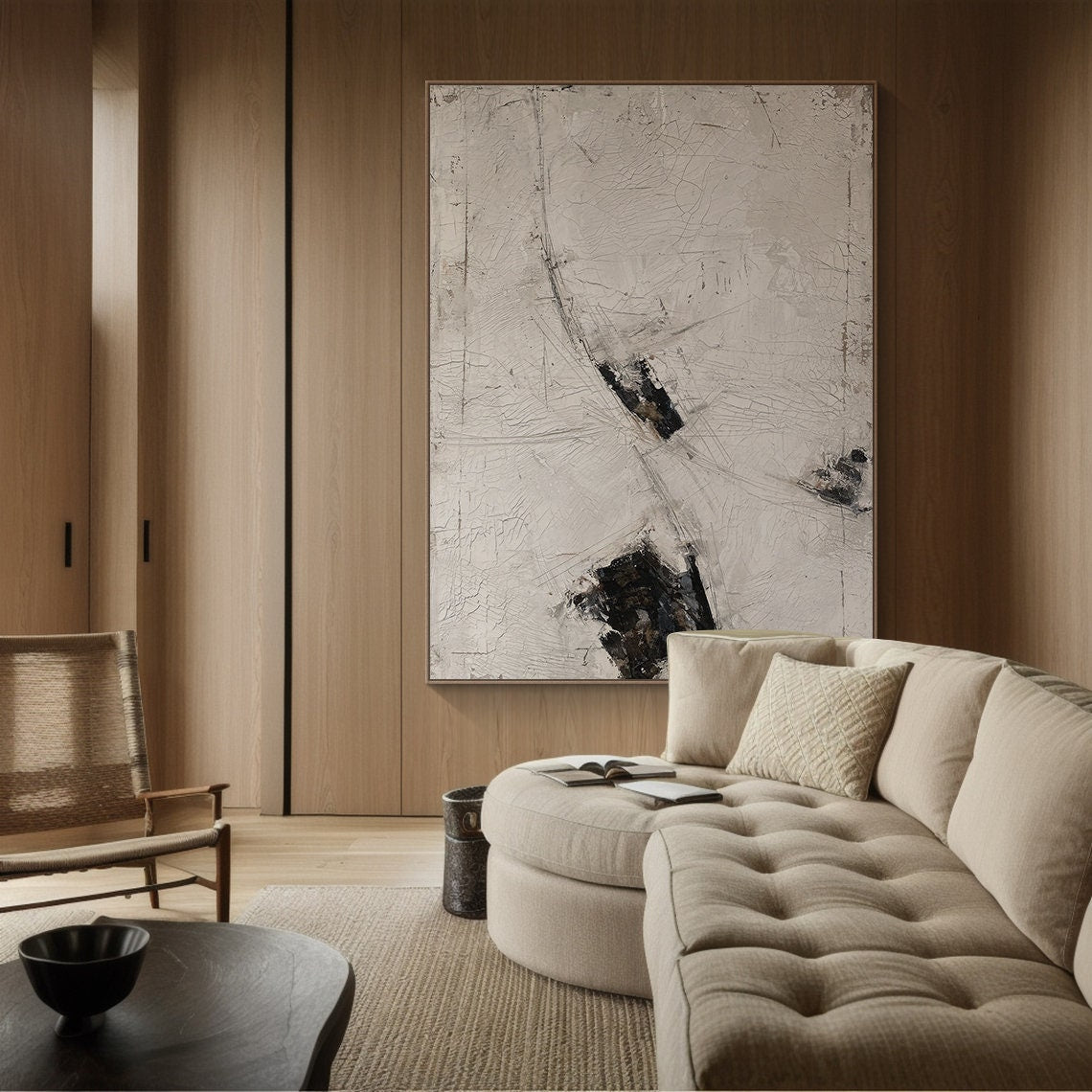 Large Original Abstract Painting Modern Minimalist 3D Oil Plaster Wall Art On Canvas White Texture Painting Mustard Black Painting Living Room Wall Art Neutral Art