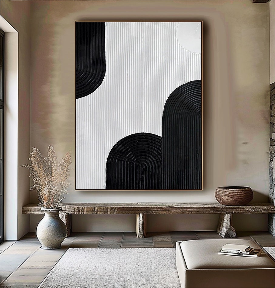 Wabi-sabi Art White Minimalist Plaster Art Black Abstract Texture Painting White Wall Decor Plaster Texture Wall Art Minimalist Art Black 3D Oil  Plaster Wall Art On Canvas