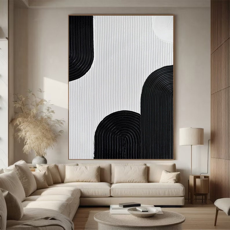 Wabi-sabi Art White Minimalist Plaster Art Black Abstract Texture Painting White Wall Decor Plaster Texture Wall Art Minimalist Art Black 3D Oil  Plaster Wall Art On Canvas