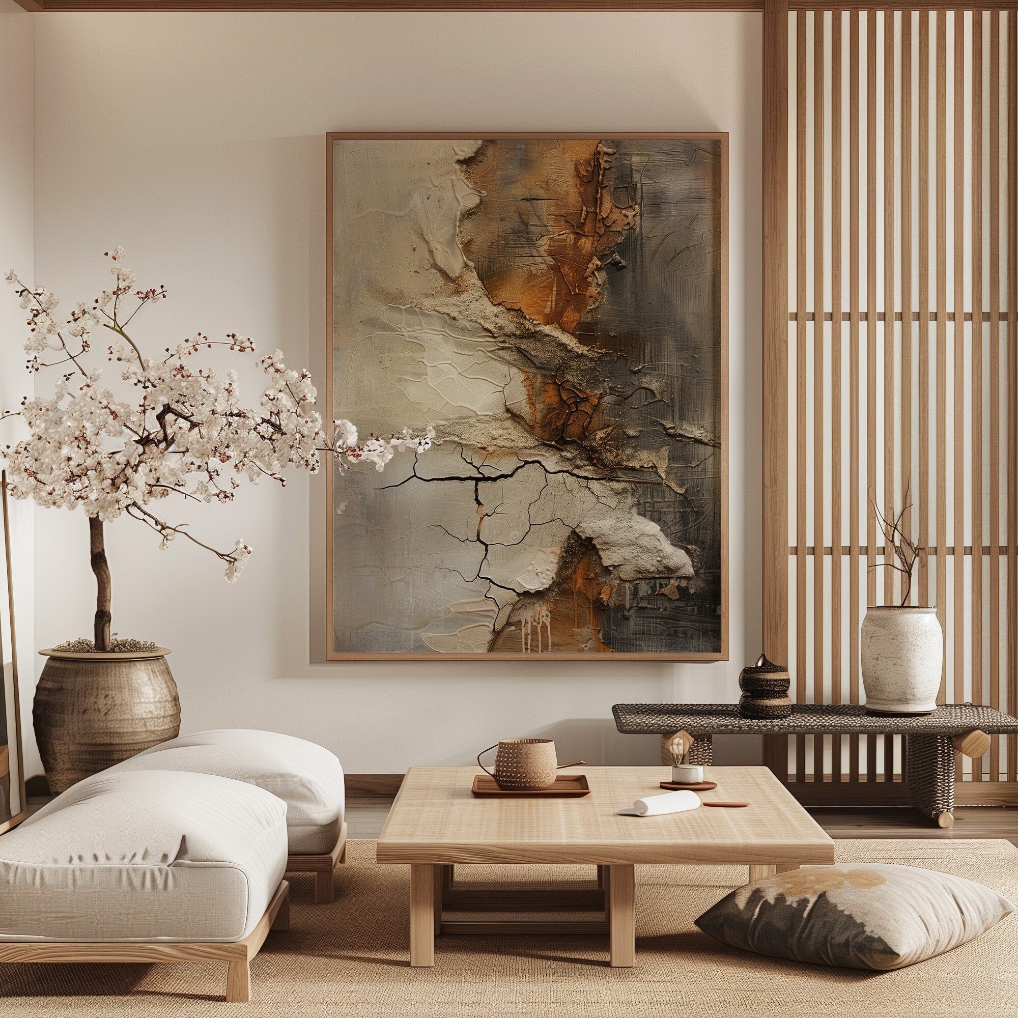 Wabi-sabi Art Brown Minimalist Plaster Art Beige Abstract Texture Painting Beige Wall Decor Plaster Texture Wall Art Minimalist Art Brown 3D Oil  Plaster Wall Art On Canvas