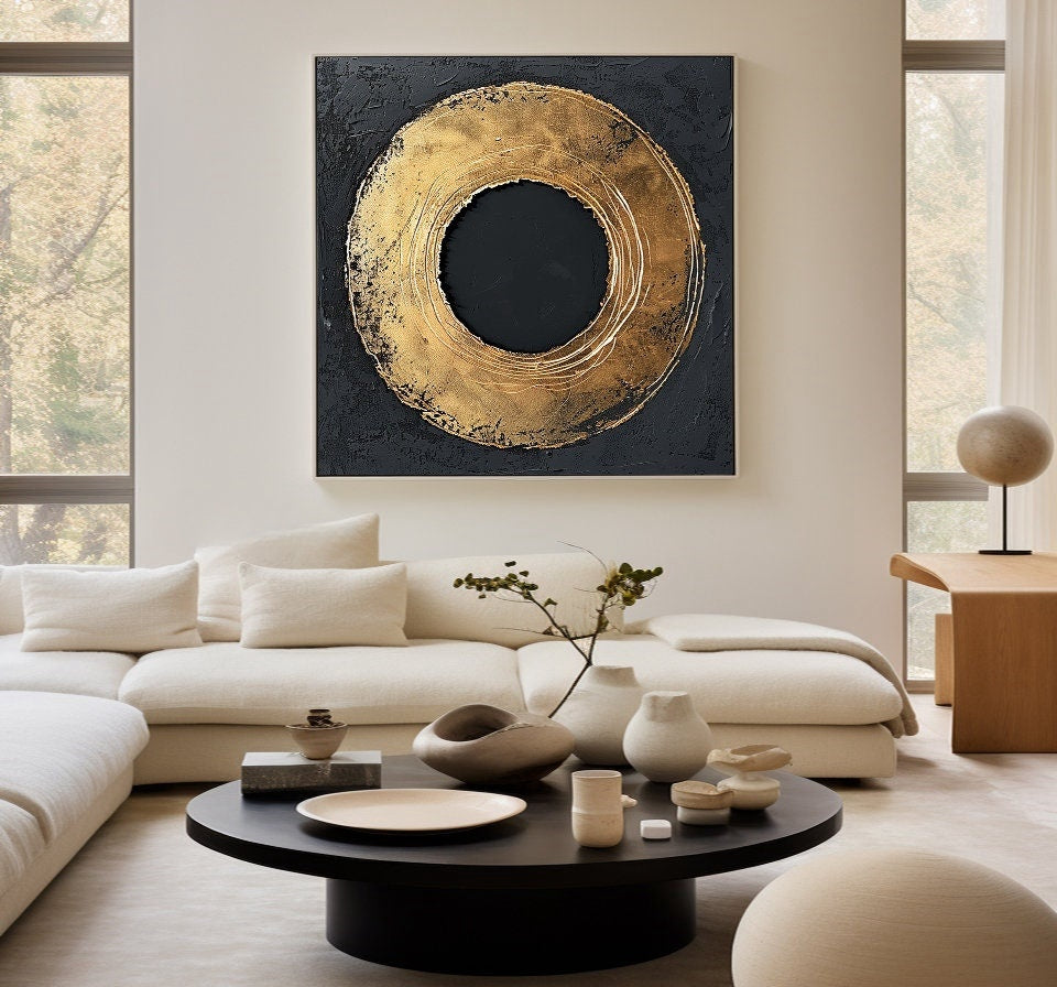 Wabi-sabi Art Black Minimalist Plaster Art Gold Abstract Texture Painting Black Wall Decor Plaster Texture Wall Art Minimalist Art Gold 3D Oil  Plaster Wall Art On Canvas