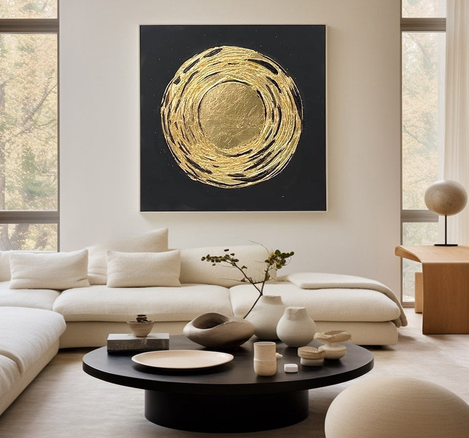 Wabi-sabi Art Black Minimalist Plaster Art Gold Abstract Texture Painting Black Wall Decor Plaster Texture Wall Art Minimalist Art Gold 3D Oil  Plaster Wall Art On Canvas