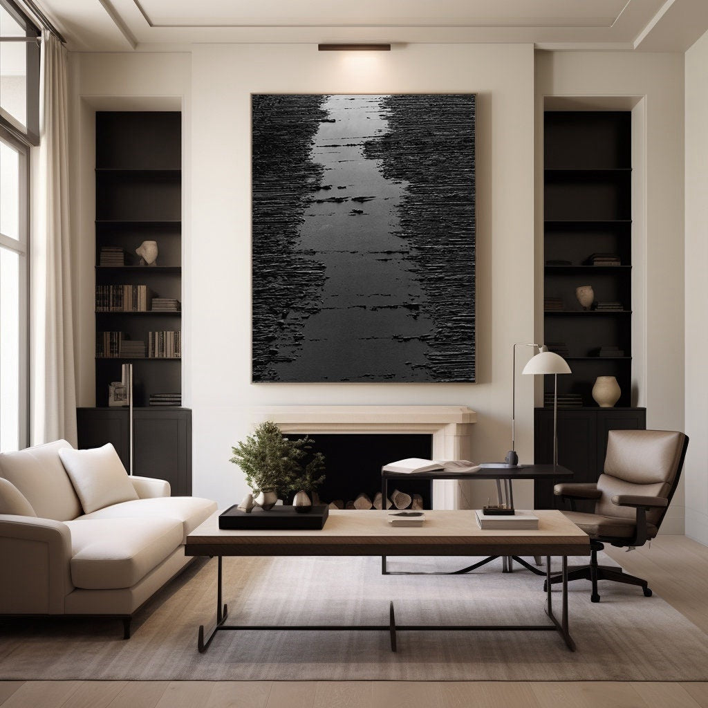 Wabi-sabi Art Black Minimalist Plaster Art Black Abstract Texture Painting Black Wall Decor Plaster Texture Wall Art Minimalist Art Black 3D Oil  Plaster Wall Art On Canvas