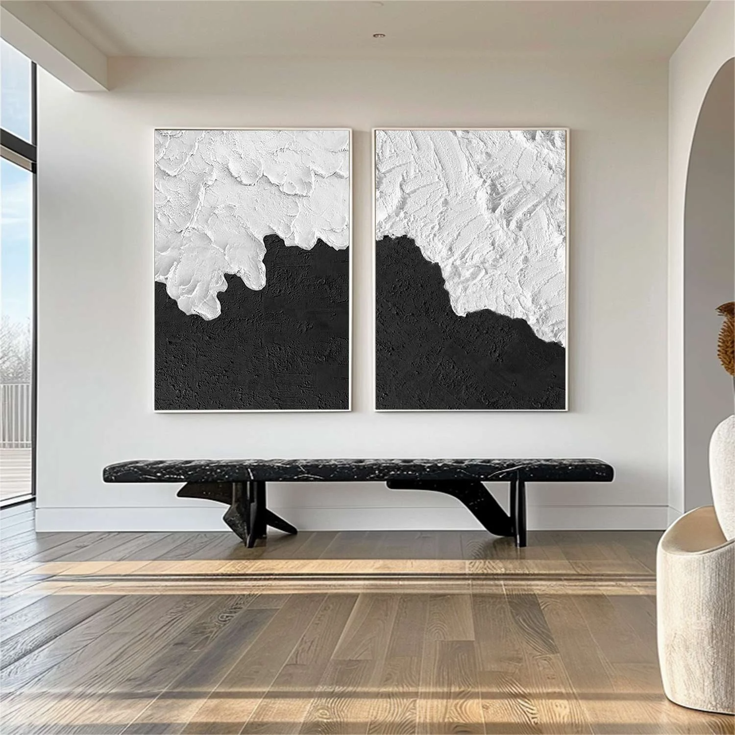 Wabi-sabi Art Black Minimalist Plaster Art White Texture Painting Abstract Wall Decor Plaster Texture Wall Art Minimalist Art  3D Oil Canvas Wall Art 