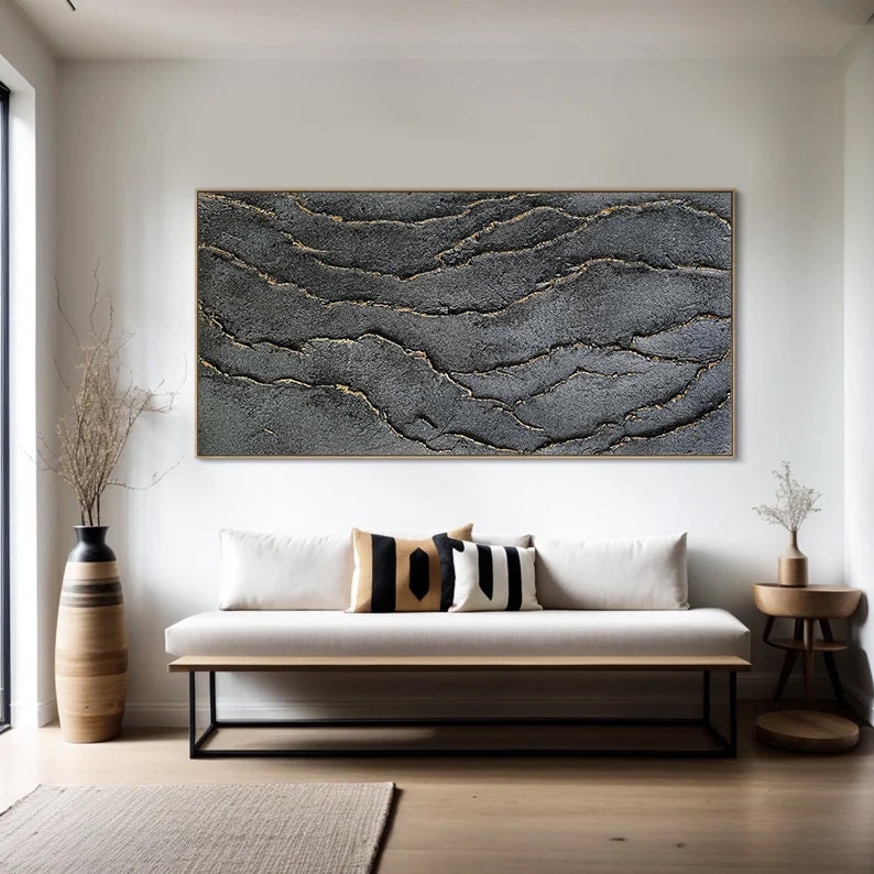 Wabi-sabi Art Black Minimalist Plaster Art Black Abstract Texture Painting Black Wall Decor Plaster Texture Wall Art Minimalist Art Black 3D Oil  Plaster Wall Art On Canvas