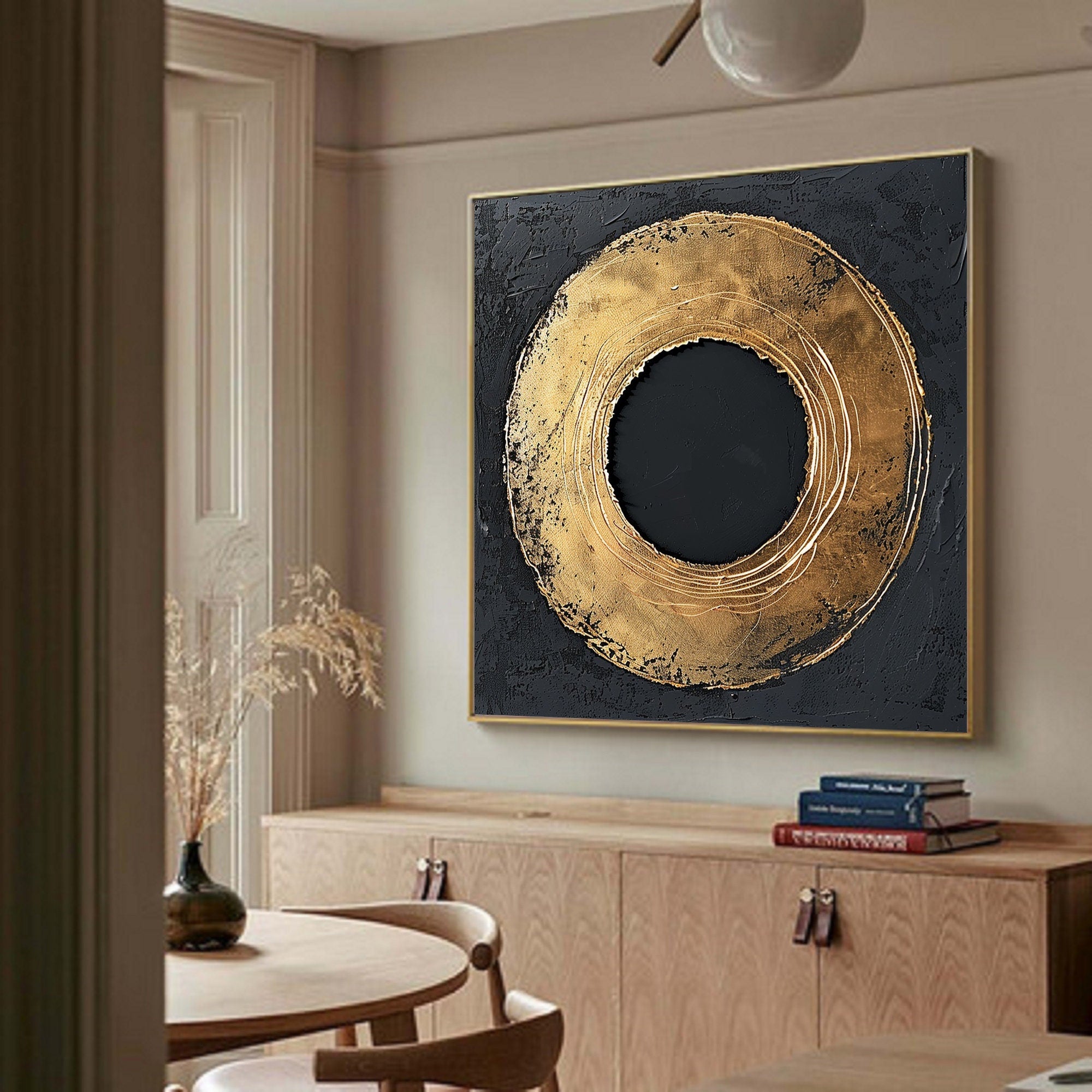 Wabi-sabi Art Black Minimalist Plaster Art Gold Abstract Texture Painting Black Wall Decor Plaster Texture Wall Art Minimalist Art Gold 3D Oil  Plaster Wall Art On Canvas