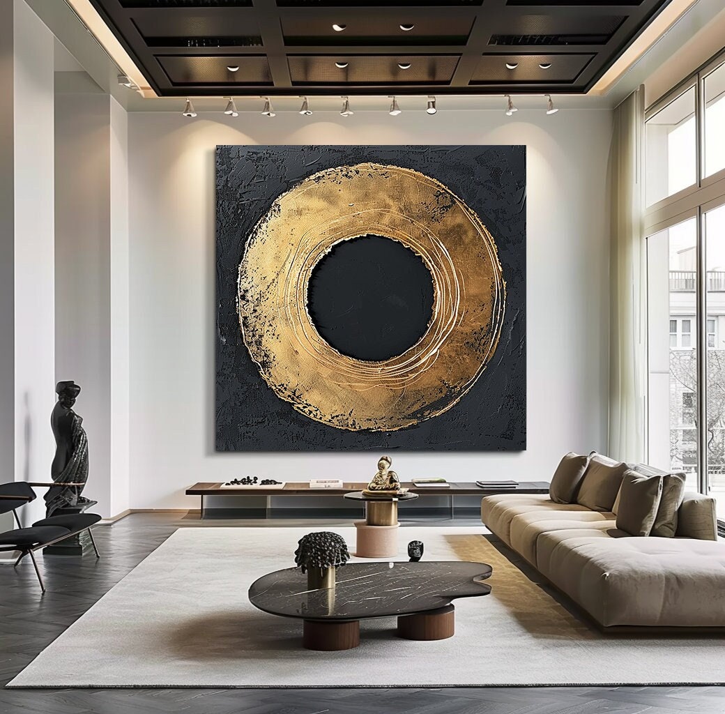 Wabi-sabi Art Black Minimalist Plaster Art Gold Abstract Texture Painting Black Wall Decor Plaster Texture Wall Art Minimalist Art Gold 3D Oil  Plaster Wall Art On Canvas