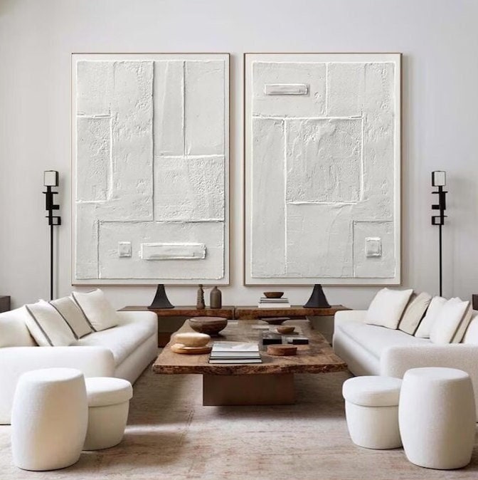 Wabi-sabi Art White Minimalist Plaster Art Texture Painting Abstract Wall Decor Plaster Texture Wall Art Minimalist Art  3D Oil Canvas Wall Art 