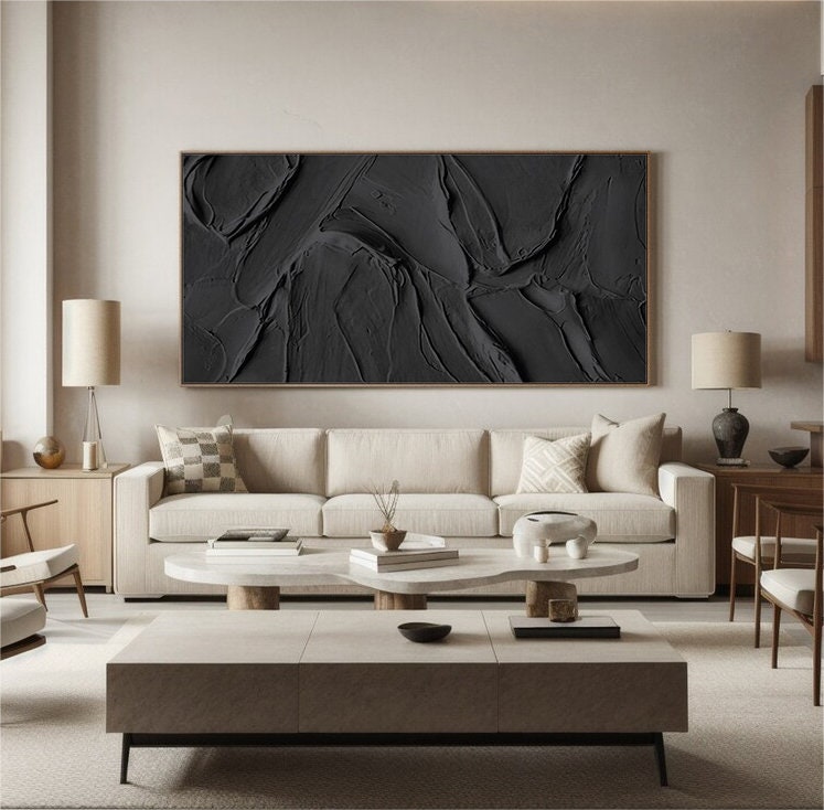 Wabi-sabi Art Black Minimalist Plaster Art Black Abstract Texture Painting Black Wall Decor Plaster Texture Wall Art Minimalist Art Black 3D Oil  Plaster Wall Art On Canvas