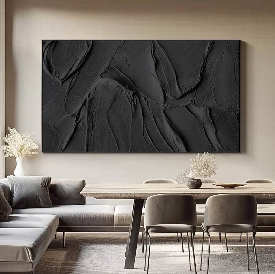 Wabi-sabi Art Black Minimalist Plaster Art Black Abstract Texture Painting Black Wall Decor Plaster Texture Wall Art Minimalist Art Black 3D Oil  Plaster Wall Art On Canvas