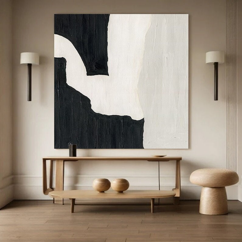 Wabi-sabi Art White Minimalist Plaster Art Black Abstract Texture Painting White Wall Decor Plaster Texture Wall Art Minimalist Art Black 3D Oil  Plaster Wall Art On Canvas