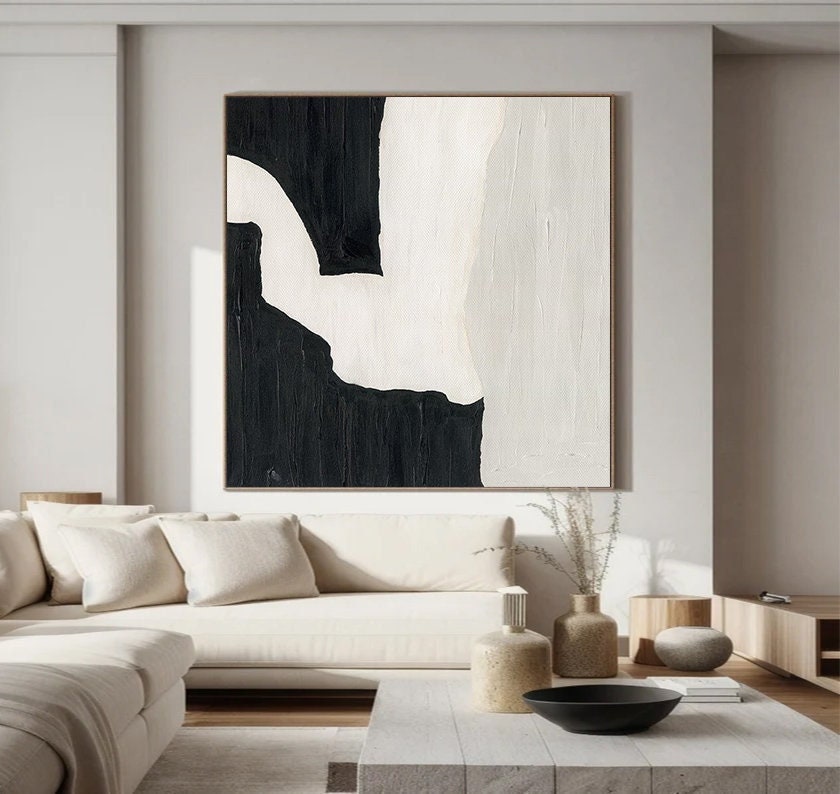 Wabi-sabi Art White Minimalist Plaster Art Black Abstract Texture Painting White Wall Decor Plaster Texture Wall Art Minimalist Art Black 3D Oil  Plaster Wall Art On Canvas