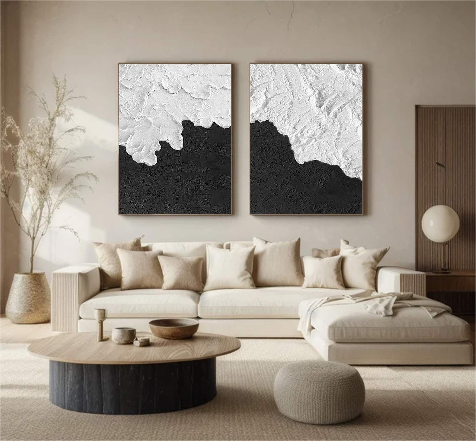 Wabi-sabi Art Black Minimalist Plaster Art White Texture Painting Abstract Wall Decor Plaster Texture Wall Art Minimalist Art  3D Oil Canvas Wall Art 