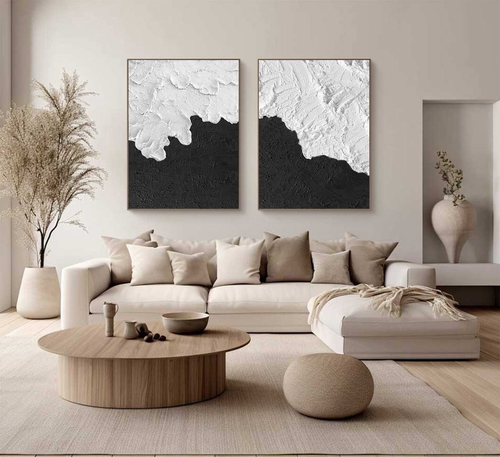 Wabi-sabi Art Black Minimalist Plaster Art White Texture Painting Abstract Wall Decor Plaster Texture Wall Art Minimalist Art  3D Oil Canvas Wall Art 