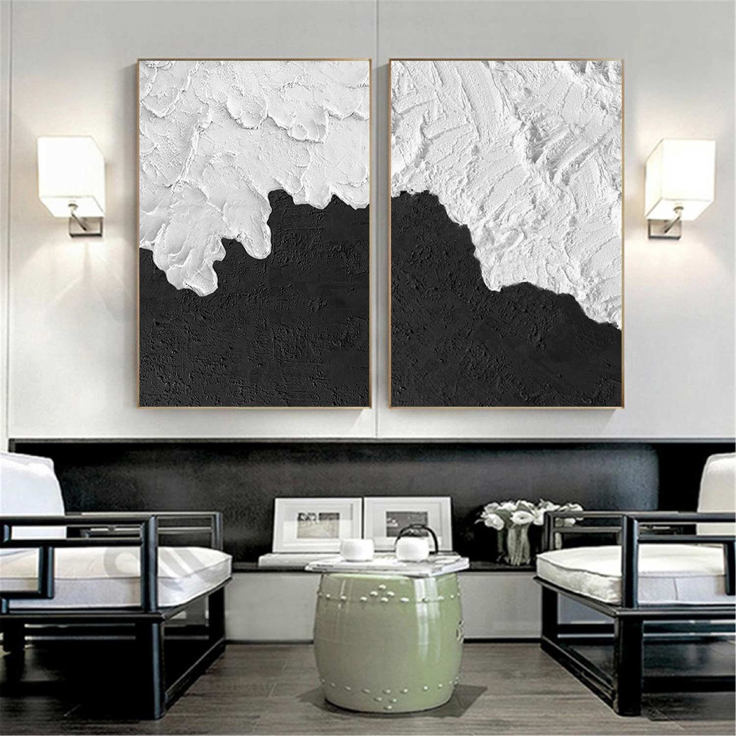 Wabi-sabi Art Black Minimalist Plaster Art White Texture Painting Abstract Wall Decor Plaster Texture Wall Art Minimalist Art  3D Oil Canvas Wall Art 