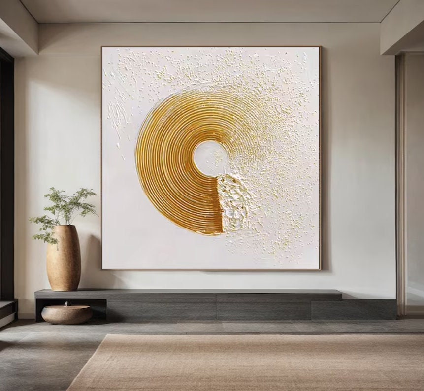 Wabi-sabi Art White Minimalist Plaster Art Gold Abstract Texture Painting White Wall Decor Plaster Texture Wall Art Minimalist Art Gold 3D Oil  Plaster Wall Art On Canvas