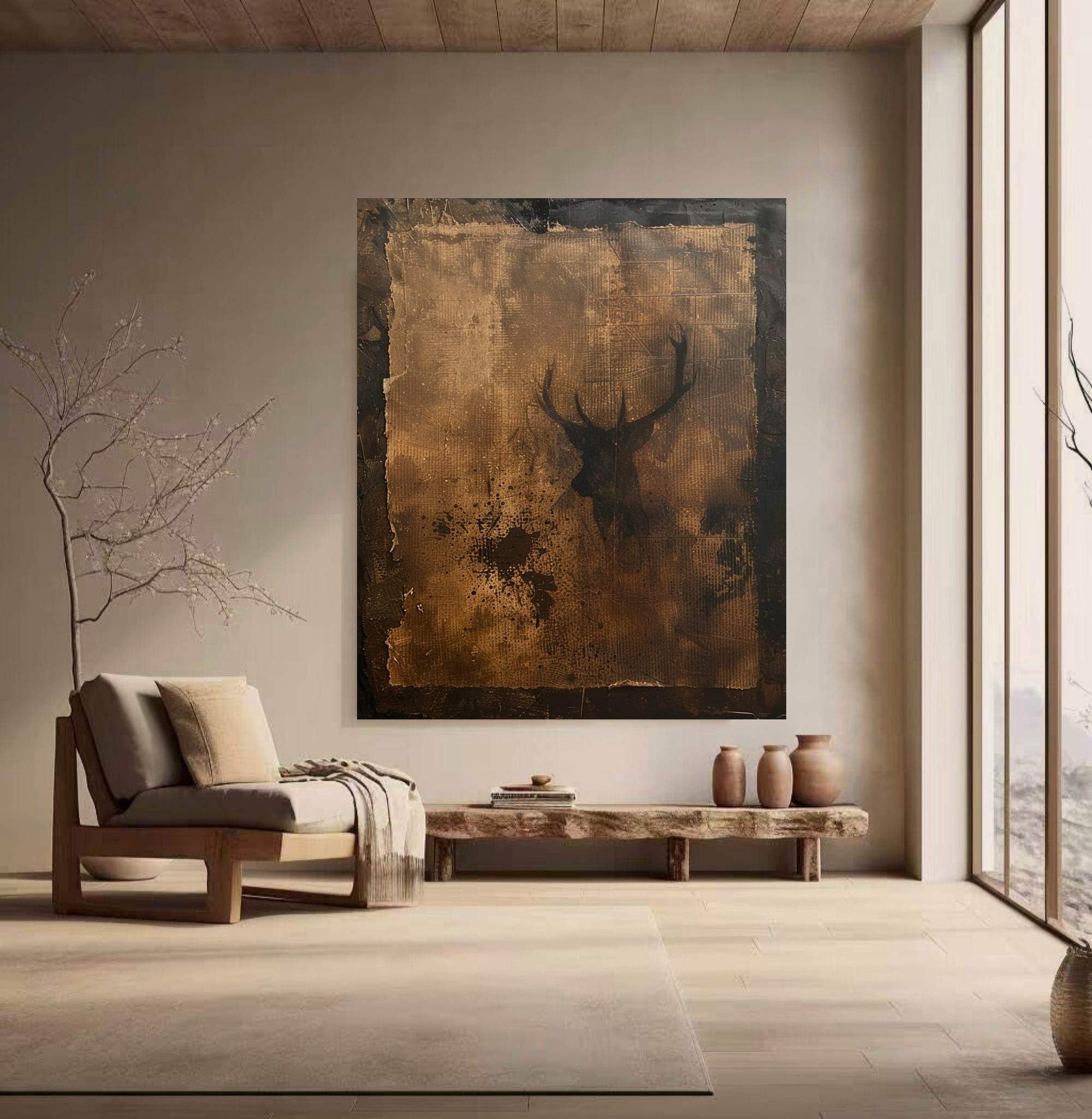 Brown Wabi-sabi Wall Art Black Brown Abstract Painting Medieval Black Deer Painting Black Minimalist Wall Decor Black Dark Brown Wall Art