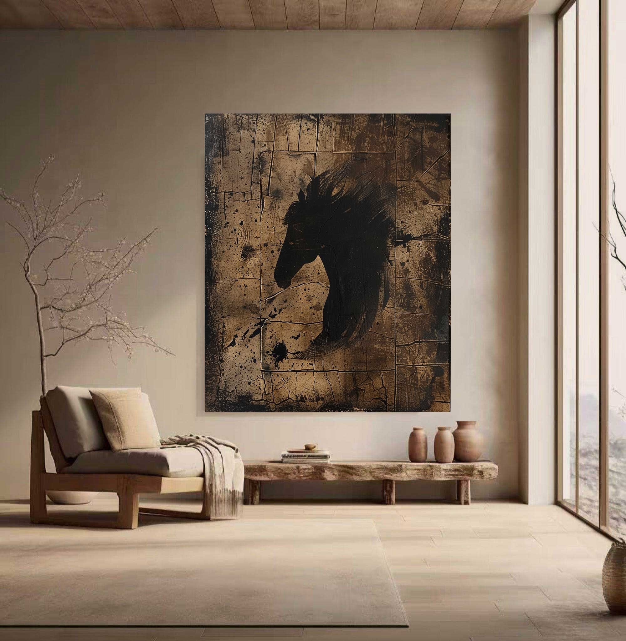 Brown Wabi-sabi Wall Art Black Brown Abstract Painting Medieval Black Deer Painting Black Minimalist Wall Decor Black Dark Brown Wall Art