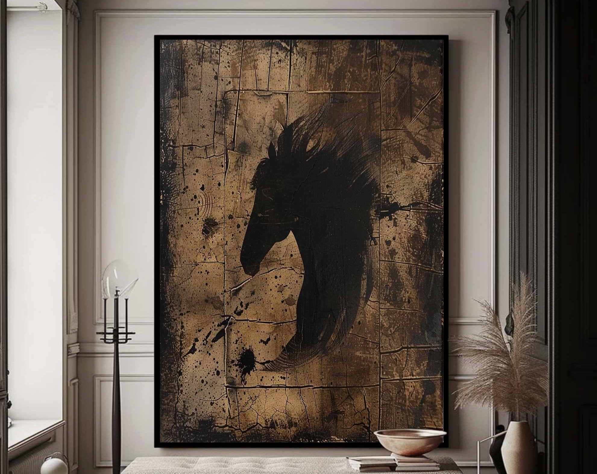 Brown Wabi-sabi Wall Art Black Brown Abstract Painting Medieval Black Deer Painting Black Minimalist Wall Decor Black Dark Brown Wall Art