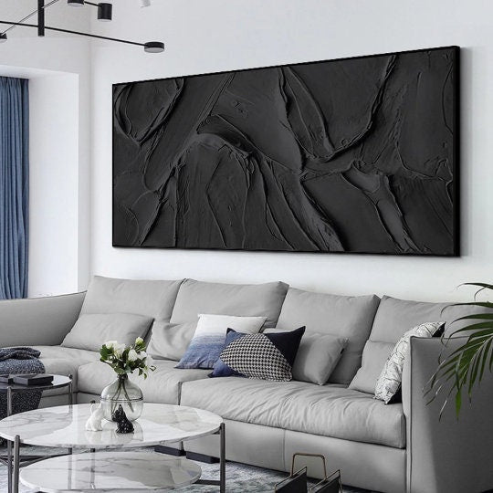 Wabi-sabi Art Black Minimalist Plaster Art Black Abstract Texture Painting Black Wall Decor Plaster Texture Wall Art Minimalist Art Black 3D Oil  Plaster Wall Art On Canvas